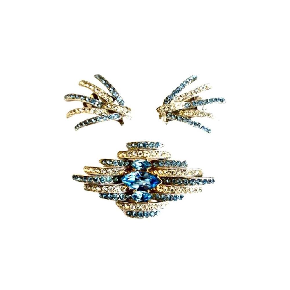 Vintage Layered Blue AB Rhinestone Ribbon Brooch & Matching Clip Earrings Set